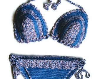 Crochet Bikini set Gift for her, Crochet swimsuit, Boho Swimwear Triangle Bikini beach wear,Multicolor Boho crochet bikini