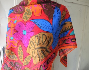 Vintage 1980s rayon scarf designer Liz Claiborne NOS abstract floral flowers 32 x 32 inches