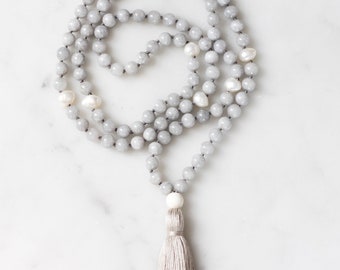 Dream Mala (grey) - mala beads, mala necklace, jade, tassel necklace, mala, crystal necklace, boho necklace, bohemian jewelry, gift for her