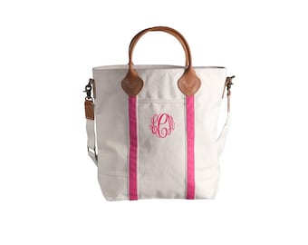 Flight Bag - Pink Canvas Tote bag with leather handles and monogram
