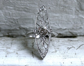 RESERVED - Stunning Edwardian Platinum Diamond Navette Ring - 1.60ct.