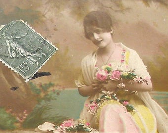 1910s French postcard, Lady in pink & yellow. RPPC real photo postcard, paper ephemera