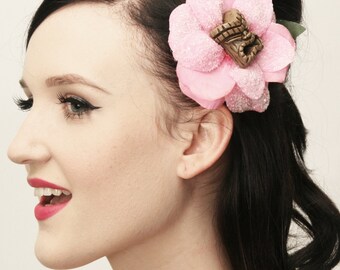 Pink Shimmer Island Tiki Hair Flower Clip-Tropical, Pinup