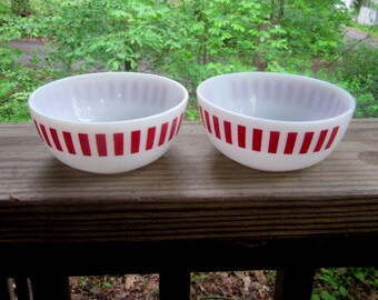 red stripe milk glass cereal or chili bowls. Hazel Atlas. 4-3/4" wide.