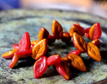 Czech Glass Leaf Beads - Two Tone Red and Orange Opaque Leaves 12x7mm (25 beads) 7x12mm