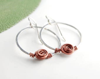 Modern Silver Hoop Earrings, Hammered Hoop Earrings, Sterling Silver Hoops, Mixed Metal Hoops,Two Tone Hoops,Hammered Dangle Hoops,Dangles
