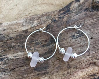 Scottish Sea Glass and Sterling Silver Hoop Earrings in rare soft pink