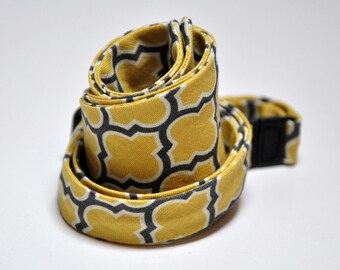 Mens Bow Tie Yellow and Gray - Freestyle Bowtie in Grey and Yellow Lattice