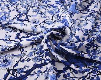 Free shiping On sale 100% Blue and white pattern silk fabric, silk crepe fabric, -FHUH- 45inch/114 cm Wide