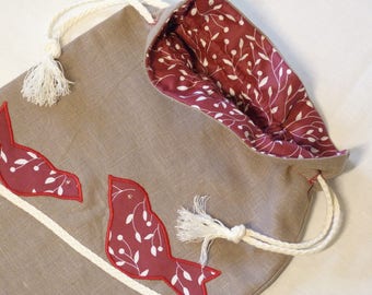 Linen shoe bag, travel shoe bag, laundry bag, bag for shoe storage, bag for changing shoes, bag with birds shoes