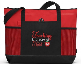 Teacher Appreciation Gift/ Teacher Tote Bag/ Teacher Gift/ Embroidered Teaching Is A Work Of Heart with Small Apple Teacher Tote Bag