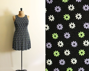 vintage dress 90s rave daisy atomic print black mini party 1990s womens clothing size s m small medium
