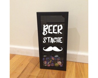 Beer Cap Holder - Beer Stache - Black Shadow Box (6" x 14") - Vinyl Decal Gifts, Home Bar Accessories