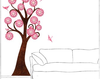 Pink Flowering Tree and Birds Wall Decals for Girls Room Wall Mural (stk1084p)