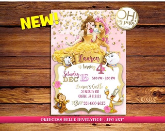 Beauty and the beast birthday invitations, beauty and the beast invitations, princess beauty, princess belle invitations, princess belle