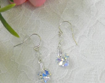 Swarovski Heart earrings,Swarovski Crystal earrings,Heart jewelry,Leverback earrings,Clip on earrings - Swarovski Heart Earrings