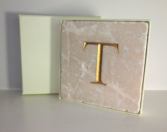 Hand Carved Gold Letter 'T' in Stone Wall Tile. Personalised Gift. Wall Hanging. Decorative Arts. Letter Carving