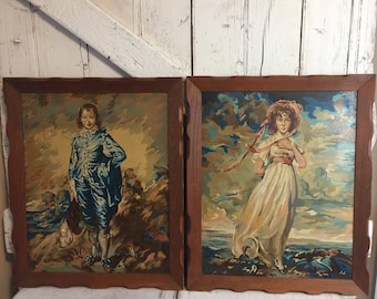Paint by number set of paintings girl and boy blue boy and pinky vintage oil paint by number
