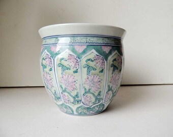 Chinese Porcelain Bowl Vase Planter Pink Peonies 6x5.4 inch