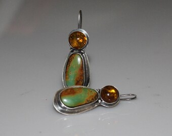 green turquoise drop earrings - amber and turquoise long earrings - amber green turquoise sterling earring - December birthstone earring