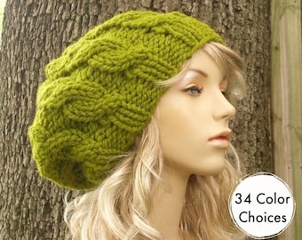 Knit Hat Womens Hat Slouchy Beanie - Cable Beret Hat in Lemongrass Green Knit Hat - Green Hat Green Beret - 34 Color Choices