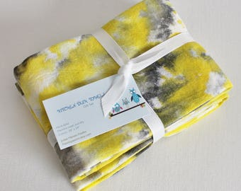 Hand Dyed Kitchen Towels - Flour Sack Tea Towel Set of 2 - Tie Dyed Dish Towels Yellow Lemon Gray Grey Silver Bumblebee White Bright