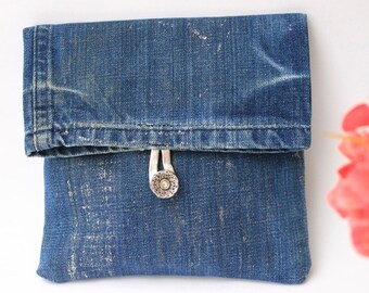 Denim clutch bag, Small clutch, Recycled jeans purse, Fold over pouch, Jeans clutch