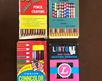 4 Boxes Vintage Wood Crayon Colored Pencils Mostly New Old Stock Original Boxes SUNSET Lintone CONNCOLOR