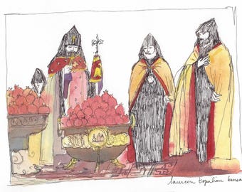 Original watercolor with frame- Etchmiadzin POMEGRANATES- POMEGRANATES Blessing-Armenian cathedral-Armenia painting-armenian liturgy