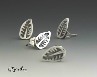 Silver Stud Earrings, Leaf Earrings, Sterling Silver, Handmade, Metalsmith Earrings