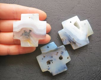 AS PICTURED- 3pcs Large Natural Montana Gray White Agate Cross Pendant 42x42mm- top drilled