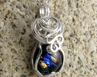 Dichroic Glass Necklace - Dichroic Glass Pendant - Dichroic Glass Jewelry - Wire Wrapped - Glass Jewellery - Sterling Silver