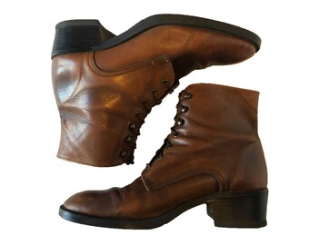 Vintage M&B Brown Leather Lace Up Ankle Heel Boots