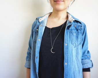 Hammered Crescent Moon Necklace, Sterling Silver Moon Necklace, Silver Crescent Pendant, Minimalist, Long Silver Layering Necklace