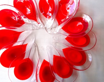 Murano Glass Chandelier Pieces x 24, Vistosi, 1970s Italy - Rare Red and White Glass Teardrop Shapes, Designer Light Fitting, Italy
