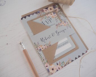 Floral Bleu Wedding Invitation with matching RSVP - SAMPLE