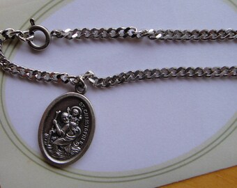 Vintage St. Christopher Medal on silver tone chain bracelet 6.5" length