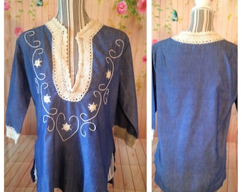 Vintage 100% Cotton Blue and White Tunic