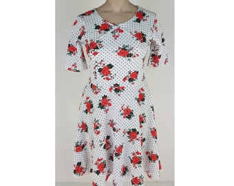 Vintage inspired Red Rose Print Tea dress, short sleeves - plus sizes 16-26