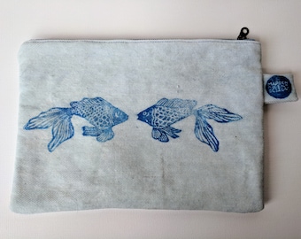 Hand Printed Waxed Zipper Pouch: Denim Fish