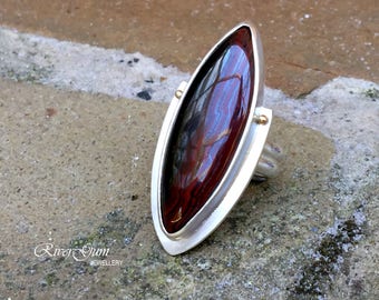 Sterling Silver Statement Ring, Brown Tiger Iron Ring, Gemstone Ring, Size 8.75, Size R, Handmade by RiverGum Jewellery