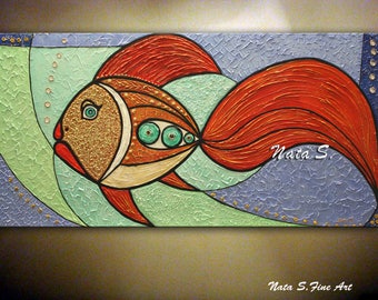 Original Fish Painting, 48" Abstract Textured Large Artwork, Modern Fish Painting, Decorative Accents, Fun Gift, Home Office Decor by Nata S