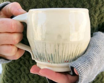 Handmade Ceramic Mug, Coffee Mug, Pottery Mug, Tea Mug, White and Green Textured One of a Kind Cup, Artisan Pottery by Licia Lucas Pfadt