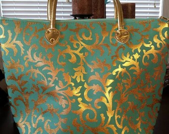 Metallic Gold Ivy Damask Tote