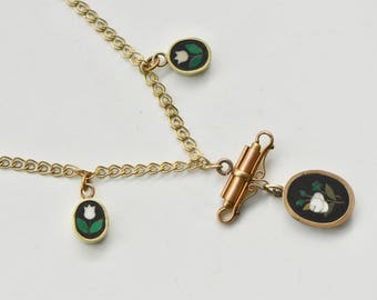 Victorian Pietra Dura Gold Fill Necklace, 1880s necklace, Inlaid Mosaic Necklace