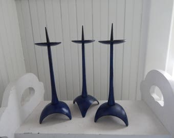 Mid Century Modern Brutalist Cast Iron Candle Holders - Set of Three Pillar Column Candle Holders - 1960s Navy Blue Brutalist Candle Holders