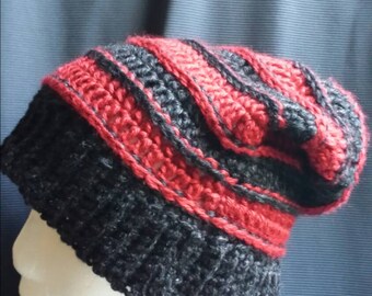 Teen/small ladies red and black crocheted slouchy hat