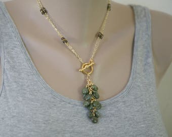 Green and Brown Dangling Gemstone Convertible Necklace, Front Closure, Cascading Gemstones, Short to Long Necklace
