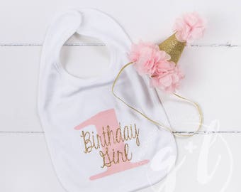 First Birthday Bib & Party Hat, Pink and gold Princess Hat, First Birthday Set