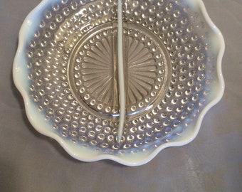 Art Glass Opalescent moonstone hobnail divided serving dish fenton